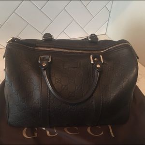 Gucci Dark Brown Leather Embossed Boston Bag